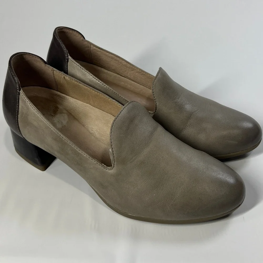 Dansko Preston Heeled Loafers Stone Nubuck‎ & Black Leather Comfort EU 37 US 7